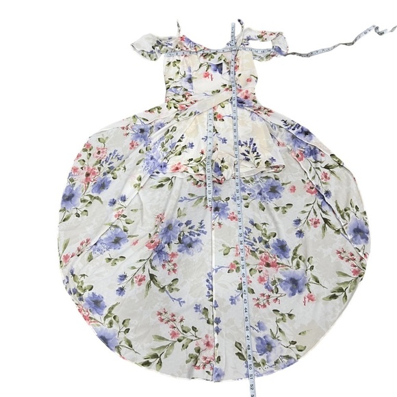 iZ Byer White High Purple Low Peep Shoulder Floral Swing Dress Size 7 Women’s - Picture 4 of 7